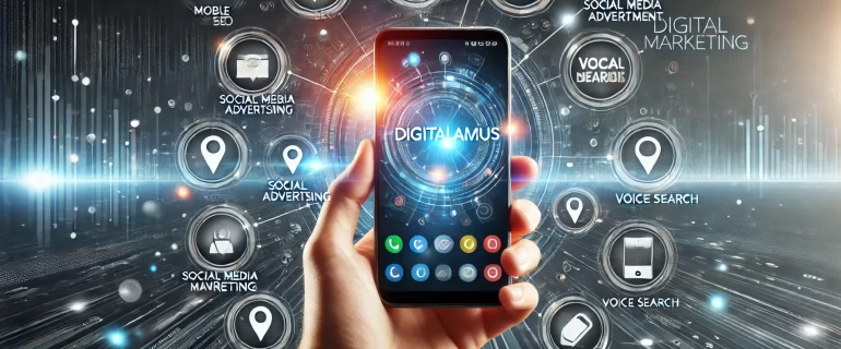 DALL·E 2025-02-05 21.19.37 - A wide digital marketing concept image featuring a smartphone at the center, surrounded by icons representing mobile SEO, social media advertising, ap